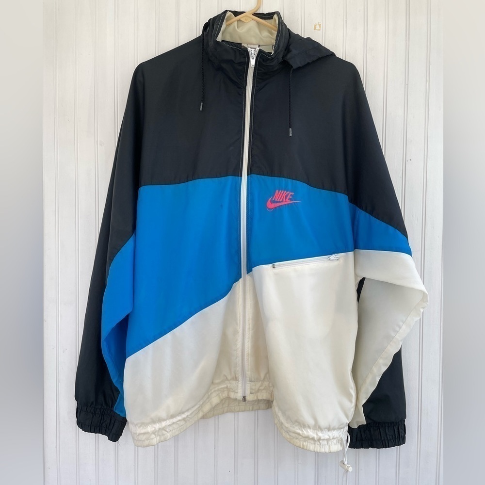 VINTAGE Nike 80s 90s Blue White Black Windbreaker Full Zip Hooded Jacket Size XL